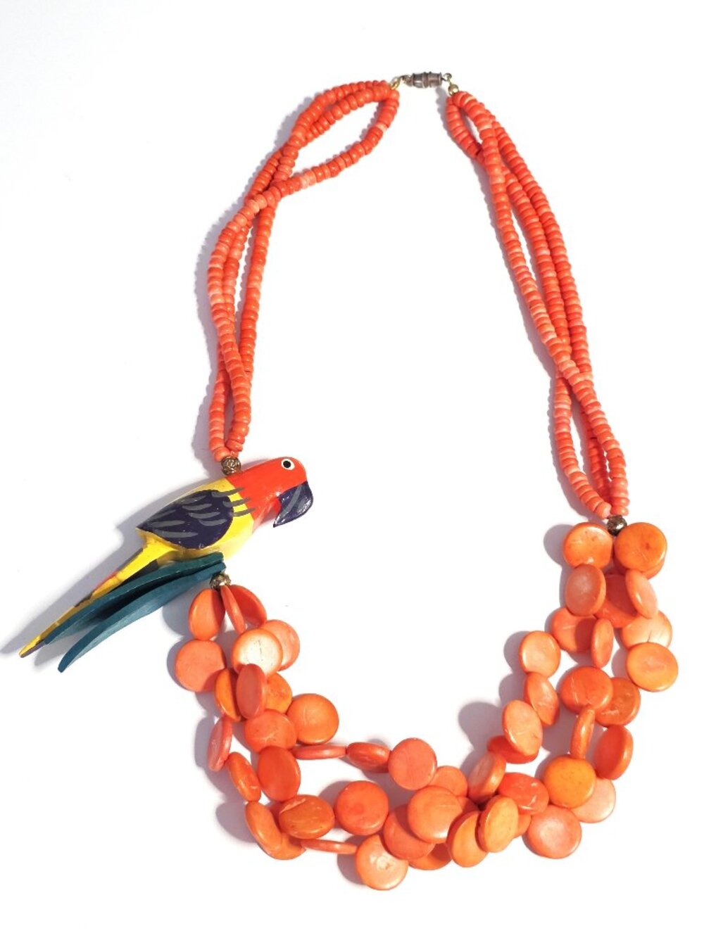 Tropical 80s carved wood parrot necklace